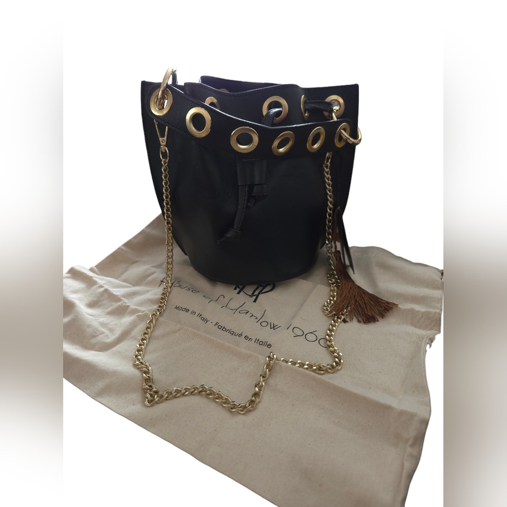 Black Leather Bucket Bag with Gold Chain and Eyelet Detail